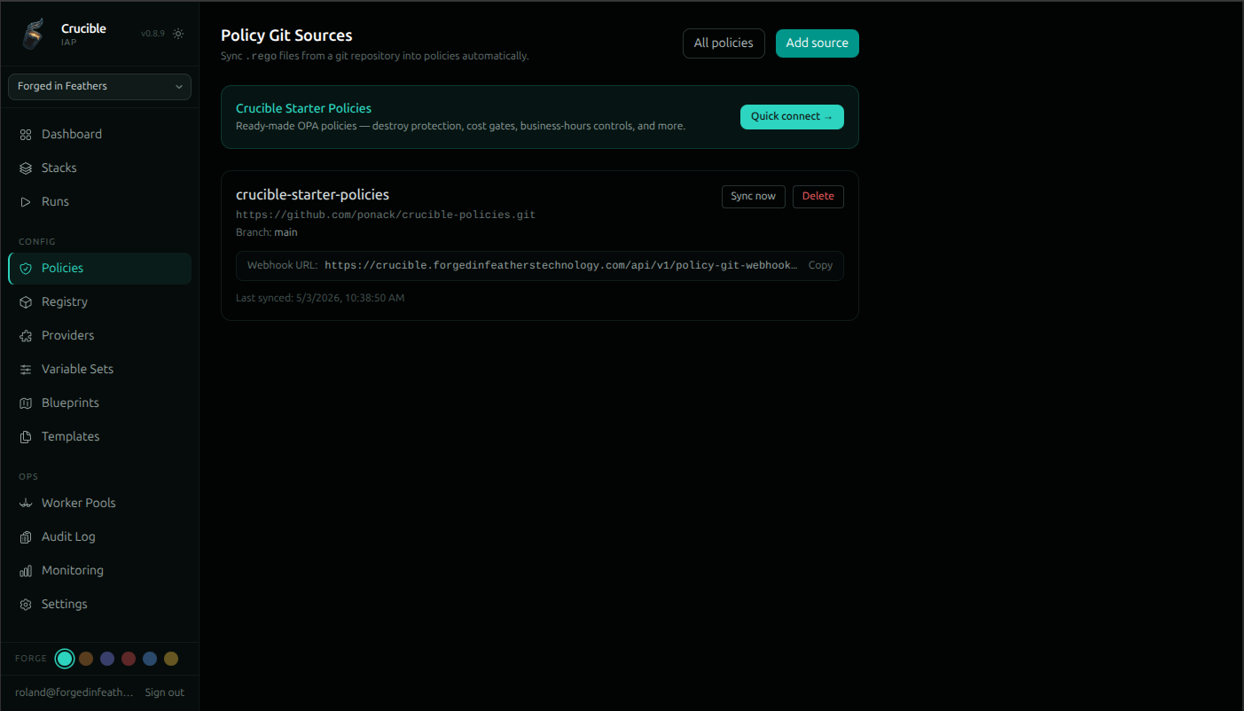 Crucible IAP policy GitOps — sync .rego files from a git repository