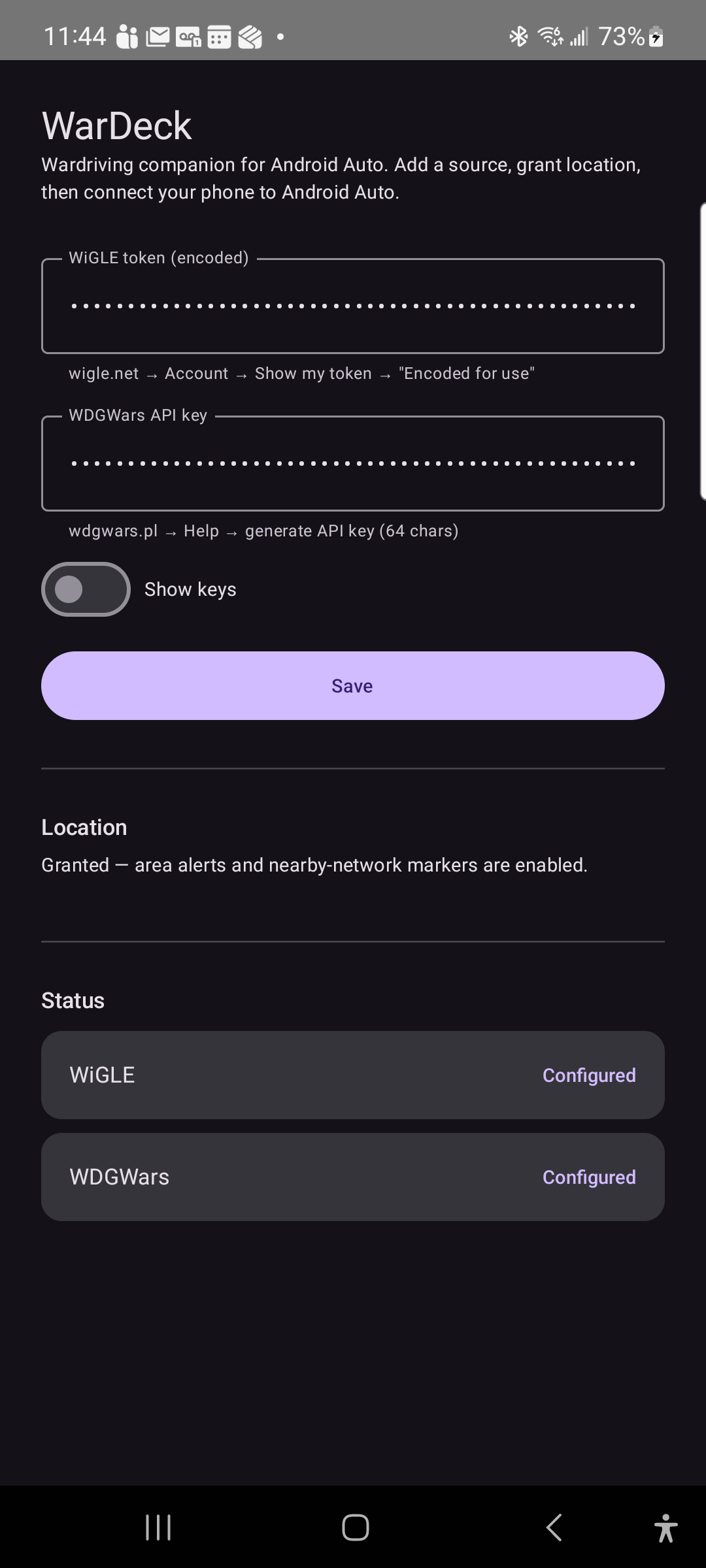 WarDeck phone onboarding screen where WiGLE and WDGWars API keys are entered
